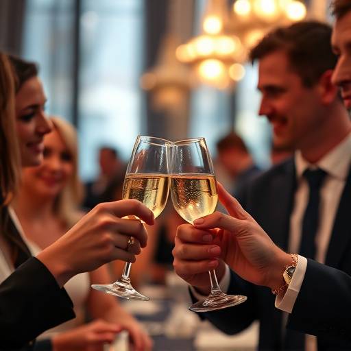 Foto de um evento corporativo com pessoas brindando.