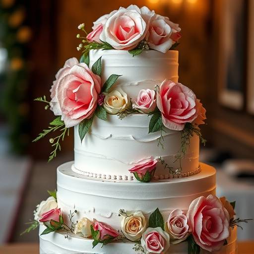 Fotografia de um bolo de casamento detalhado com flores.