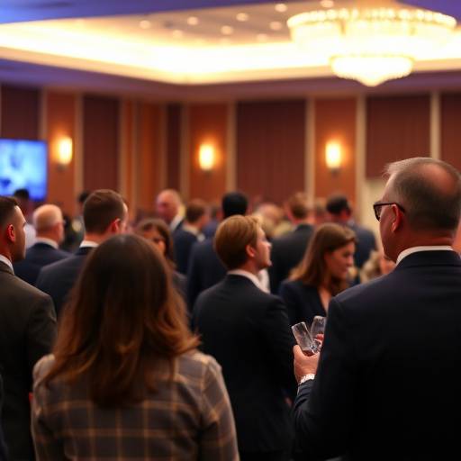 Fotografia de um evento corporativo com palestrantes e networking.