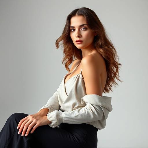Fotografia de uma modelo posando em um estúdio de moda.