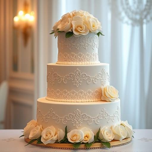 Fotografia detalhada de um bolo de casamento de três andares, adornado com flores brancas delicadas e detalhes em renda, capturado em um casamento luxuoso.