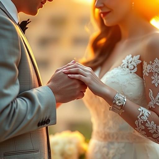 Fotografia detalhada de um casal trocando alianças durante a cerimônia de casamento.