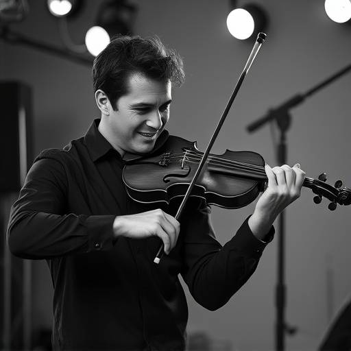 Retrato em preto e branco, com alto contraste, de um músico tocando violino com paixão e dedicação, capturado em um estúdio profissional.
